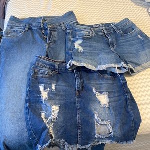 Denim jeans, short and skirt